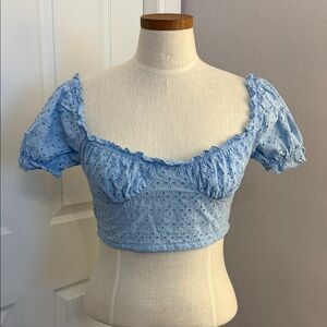 Blue Eyelet Puff Sleeve Crop Top Medium